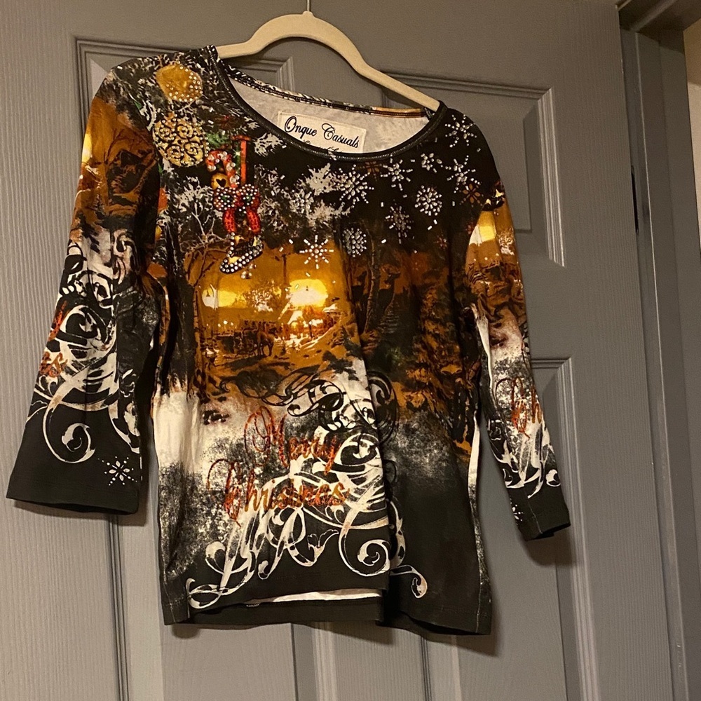 Onque Casuals Black and Gold Funky Christmas Top Small 3/4 length sleeve
